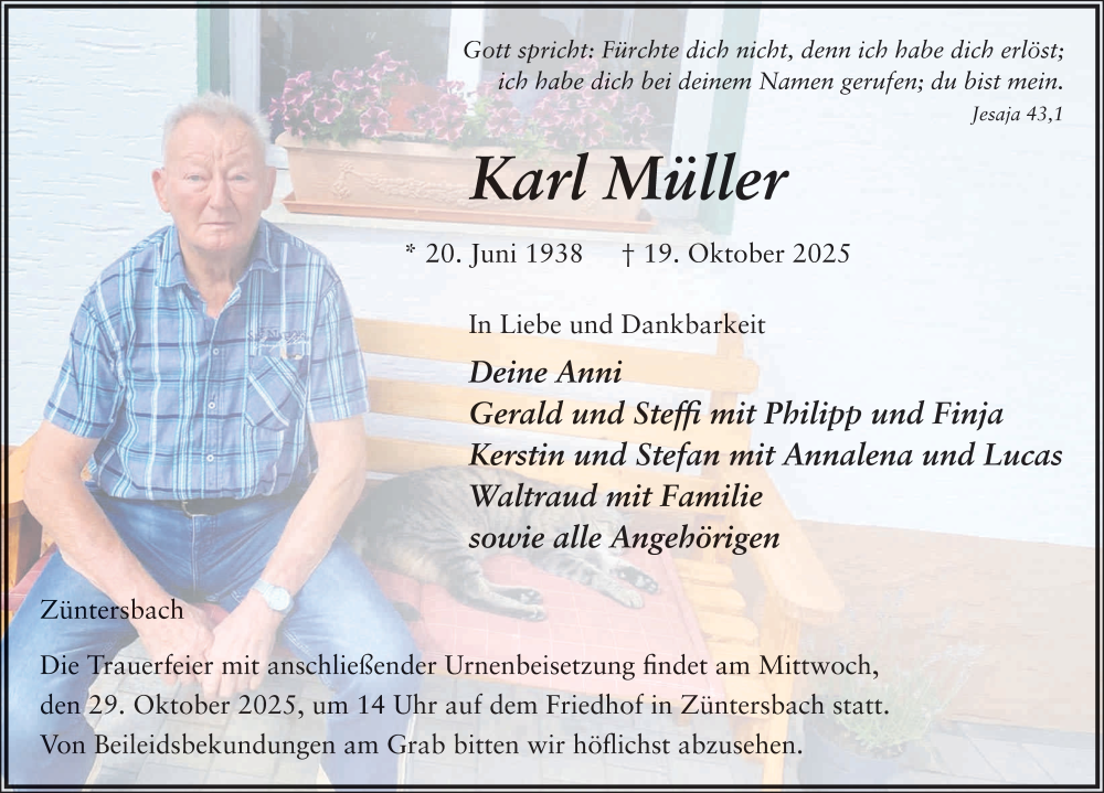  Traueranzeige für Karl Müller vom 25.10.2025 aus FZ