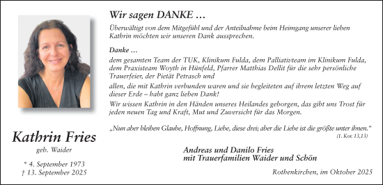 Traueranzeige von Kathrin Fries von FZ