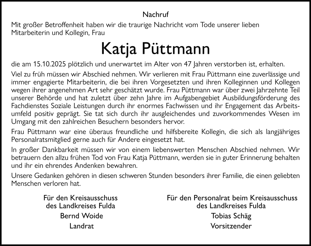  Traueranzeige für Katja Püttmann vom 25.10.2025 aus FZ
