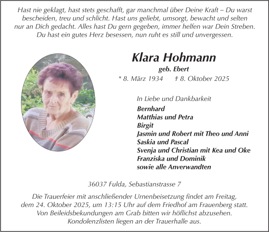 Traueranzeige von Klara Hohmann von FZ