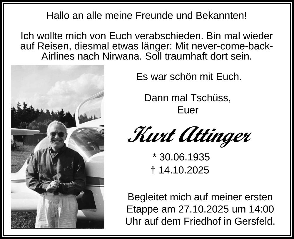  Traueranzeige für Kurt Attinger vom 24.10.2025 aus FZ