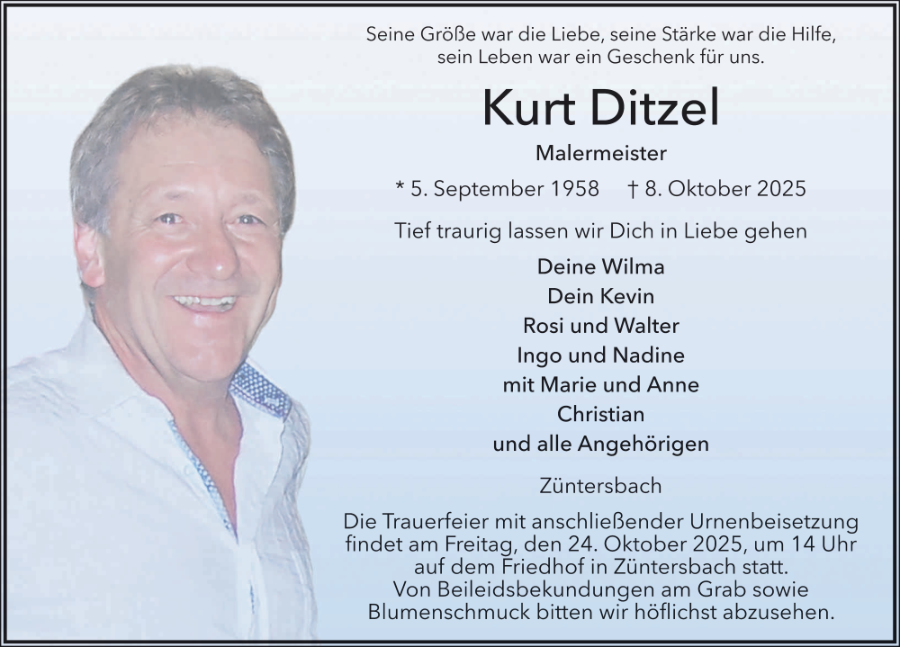  Traueranzeige für Kurt Ditzel vom 18.10.2025 aus FZ