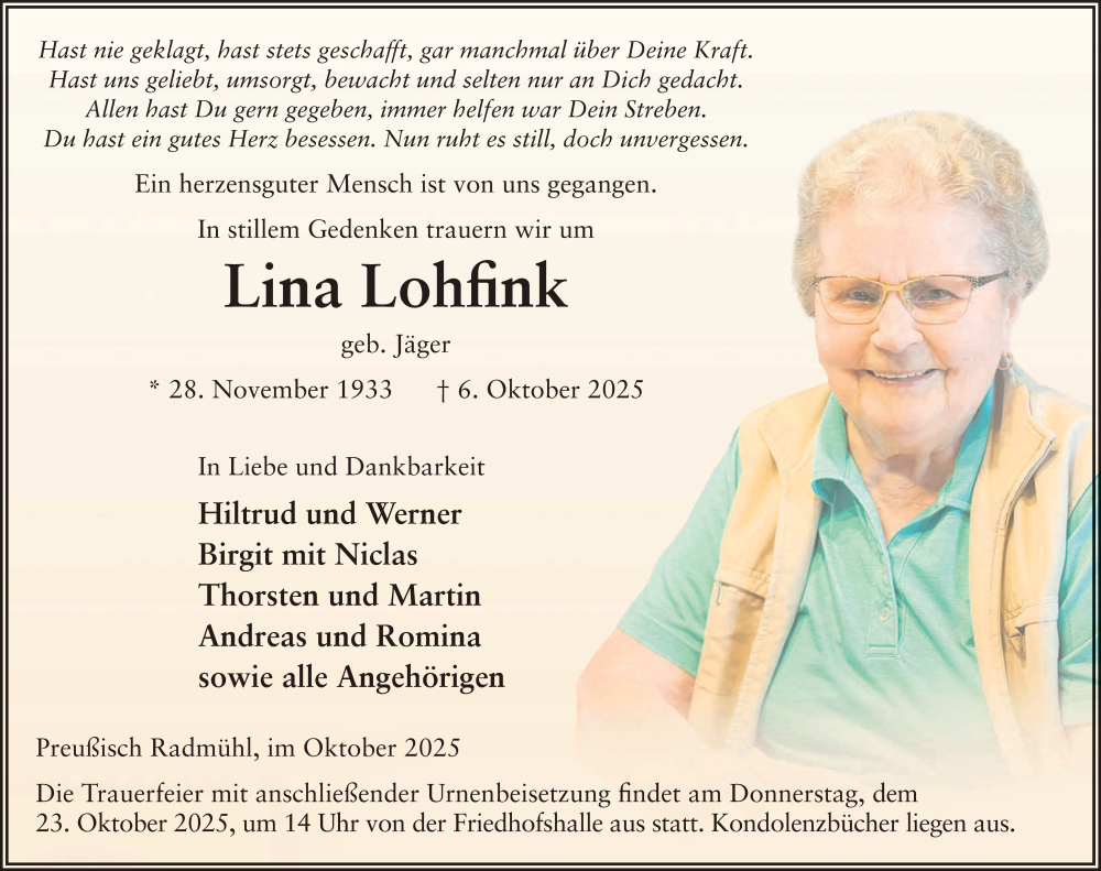  Traueranzeige für Lina Lohfink vom 20.10.2025 aus FZ