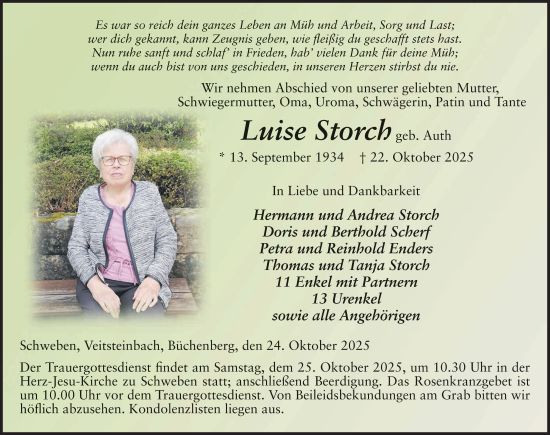 Traueranzeige von Luise Storch von FZ