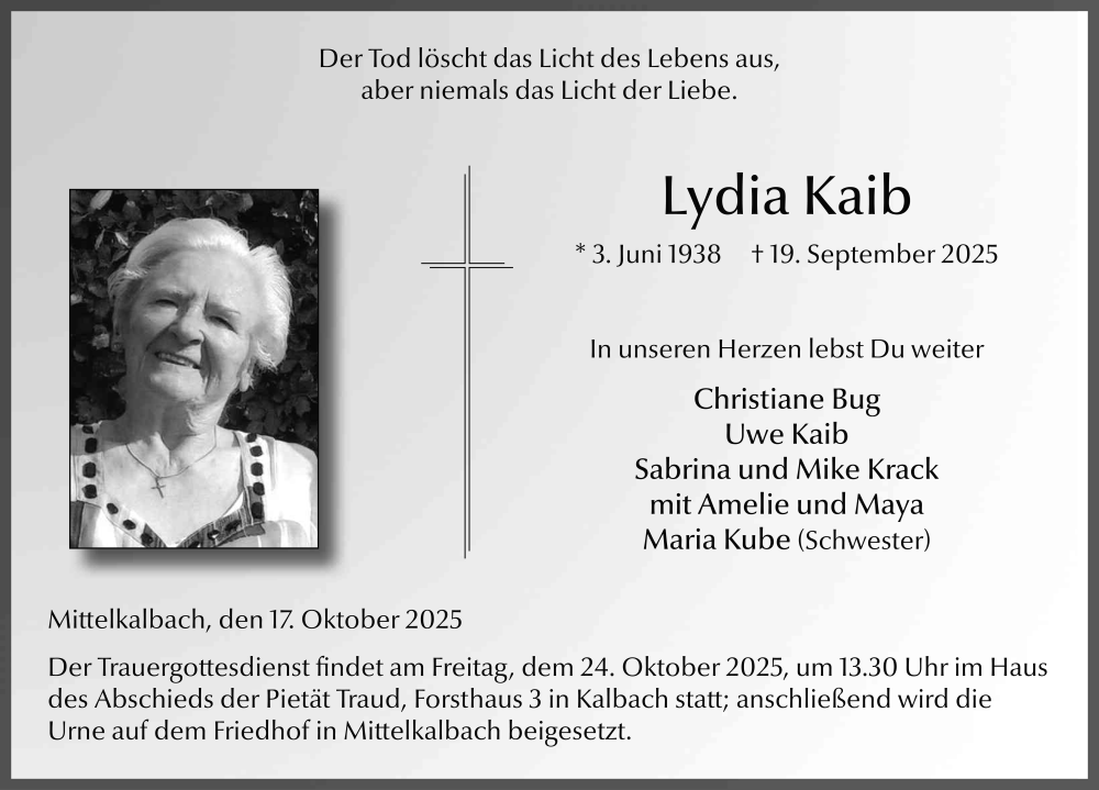  Traueranzeige für Lydia Kaib vom 17.10.2025 aus FZ