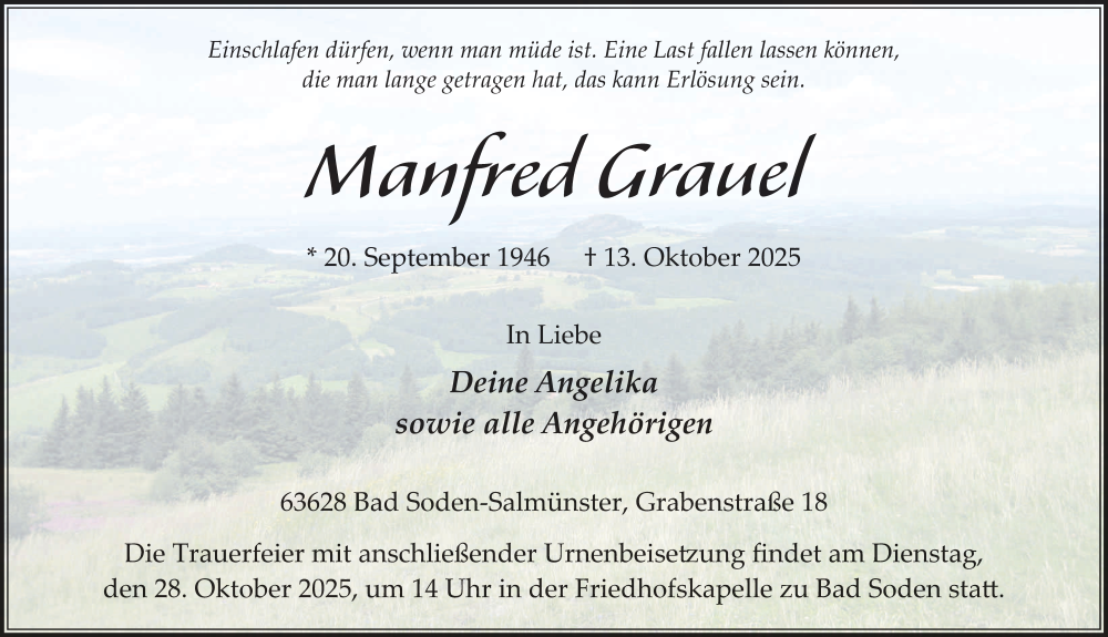  Traueranzeige für Manfred Grauel vom 18.10.2025 aus FZ