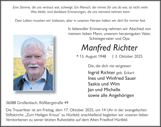 Traueranzeige von Manfred Richter von FZ