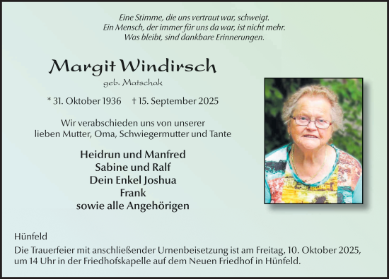 Traueranzeige von Margit Windirsch von FZ