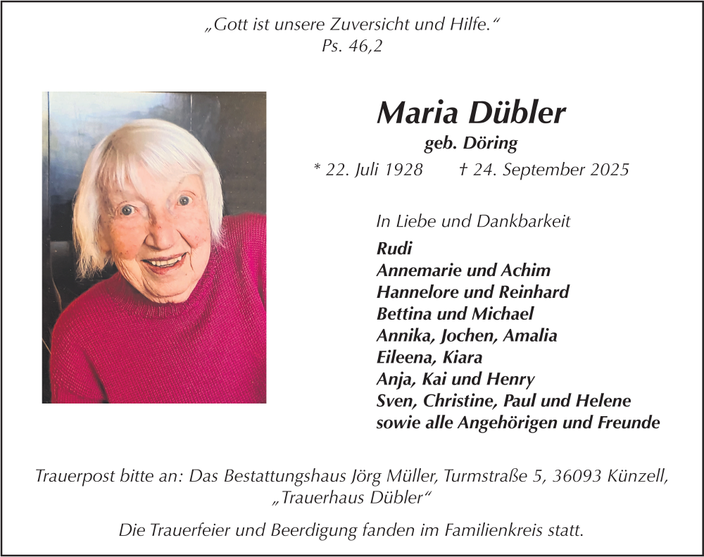  Traueranzeige für Maria Dübler vom 02.10.2025 aus FZ