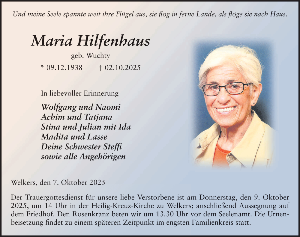  Traueranzeige für Maria Hilfenhaus vom 07.10.2025 aus FZ