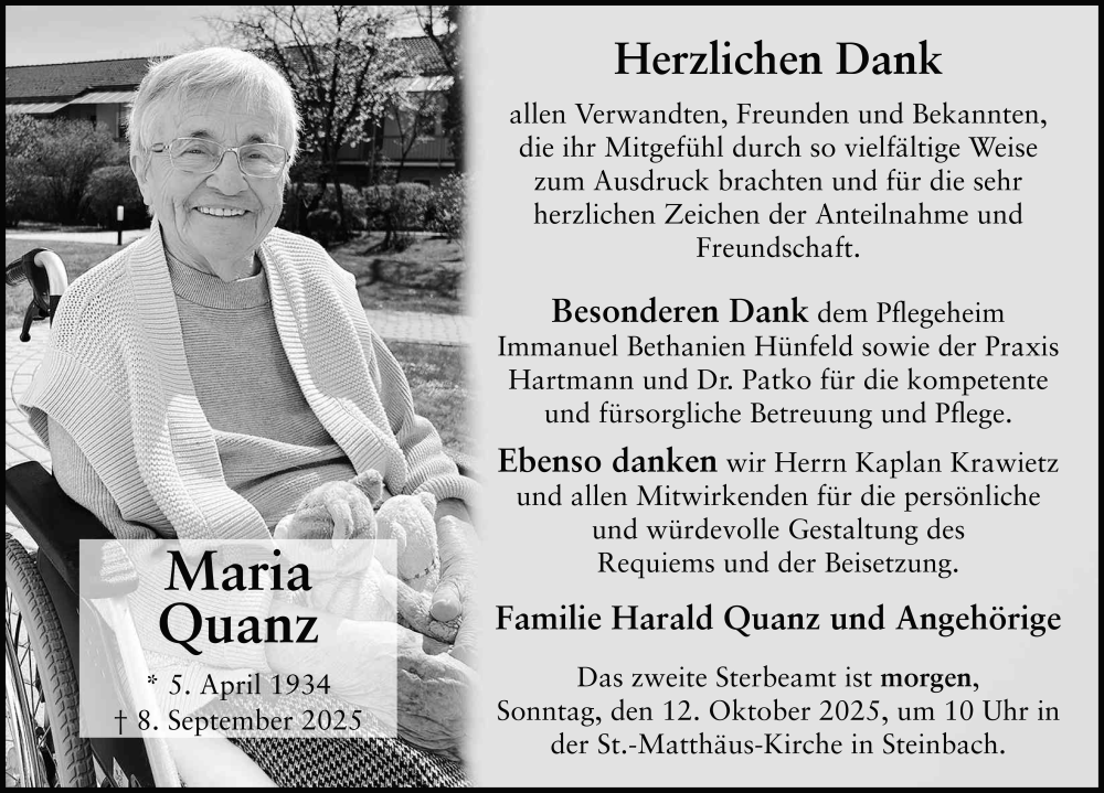  Traueranzeige für Maria Quanz vom 11.10.2025 aus FZ