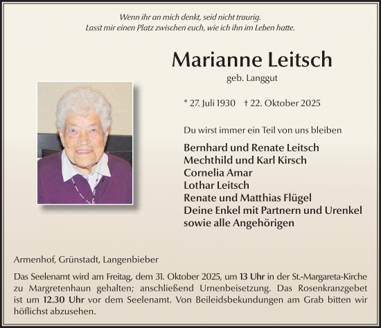 Traueranzeige von Marianne Leitsch von FZ