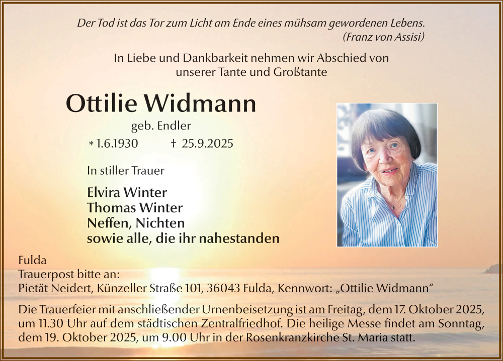  Traueranzeige für Ottilie Widmann vom 15.10.2025 aus FZ