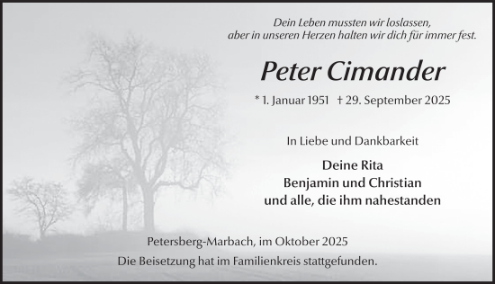Traueranzeige von Peter Cimander von FZ