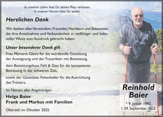 Traueranzeige von Reinhold Baier von FZ