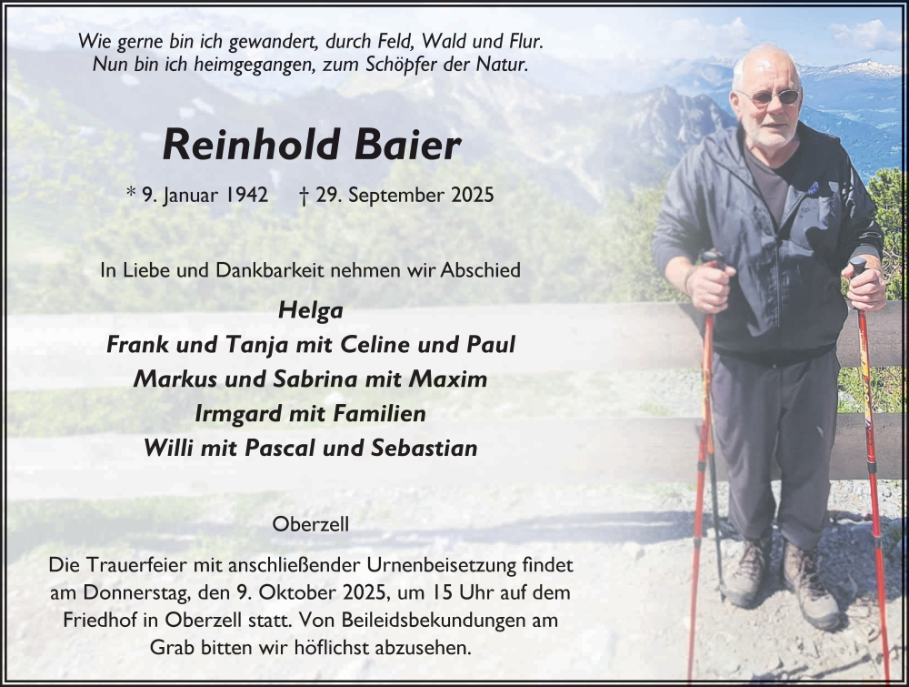  Traueranzeige für Reinhold Baier vom 07.10.2025 aus FZ