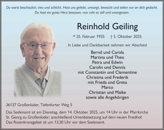 Traueranzeige von Reinhold Geiling von FZ