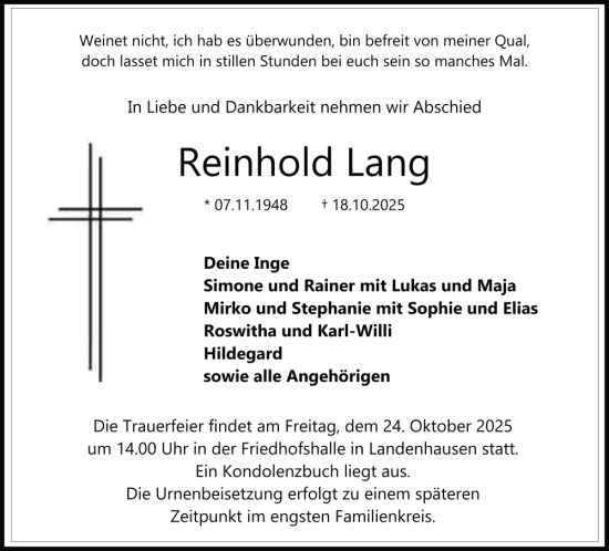 Traueranzeige von Reinhold Lang von FZ