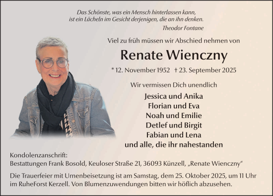 Traueranzeige von Renate Wienczny von FZ