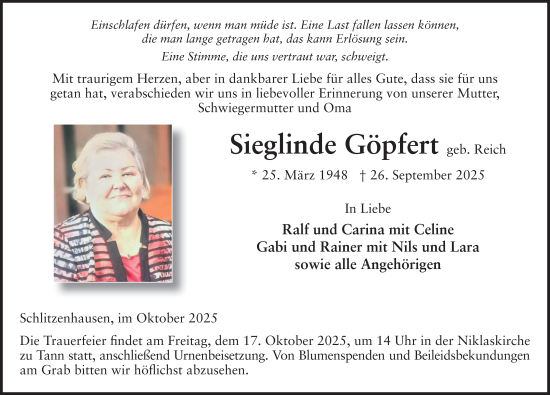Traueranzeige von Sieglinde Göpfert von FZ