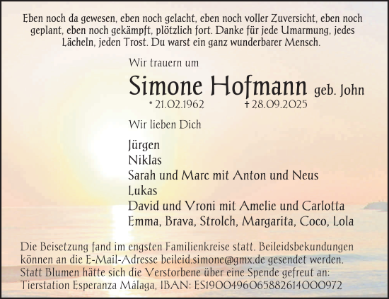 Traueranzeige von Simone Hofmann von FZ
