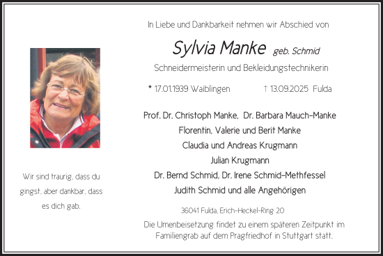 Traueranzeige von Sylvia Manke von FZ