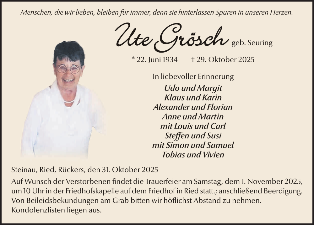  Traueranzeige für Ute Grösch vom 31.10.2025 aus FZ