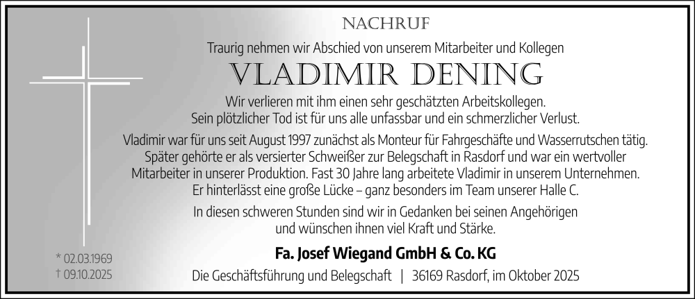  Traueranzeige für Vladimir Dening vom 17.10.2025 aus FZ