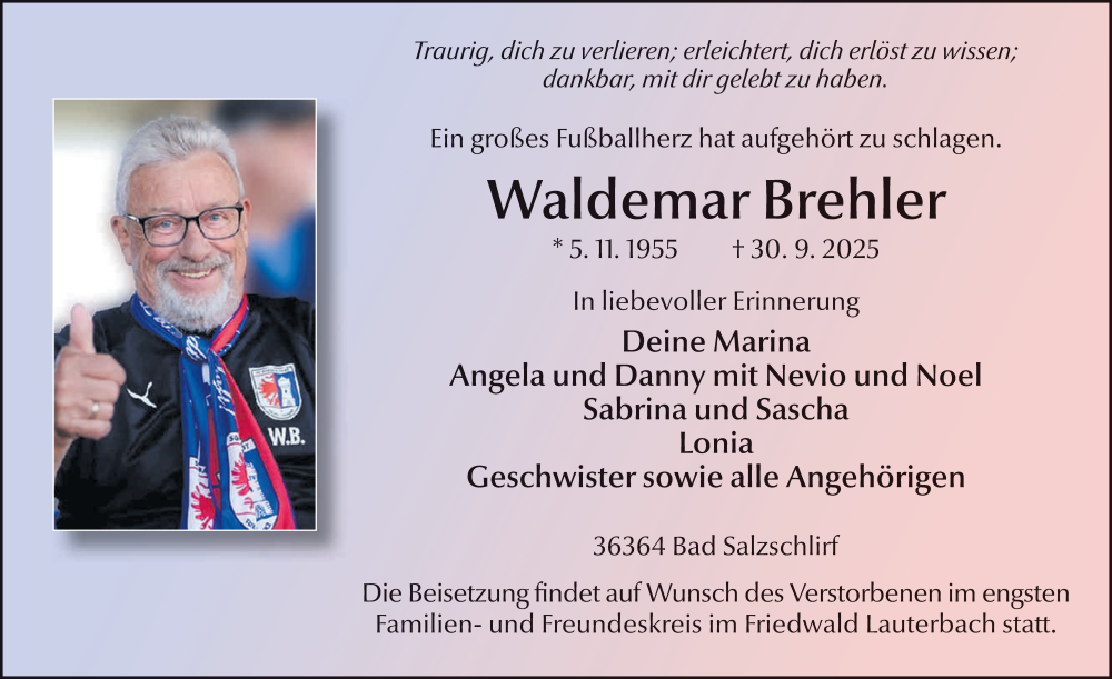  Traueranzeige für Waldemar Brehler vom 04.10.2025 aus FZ