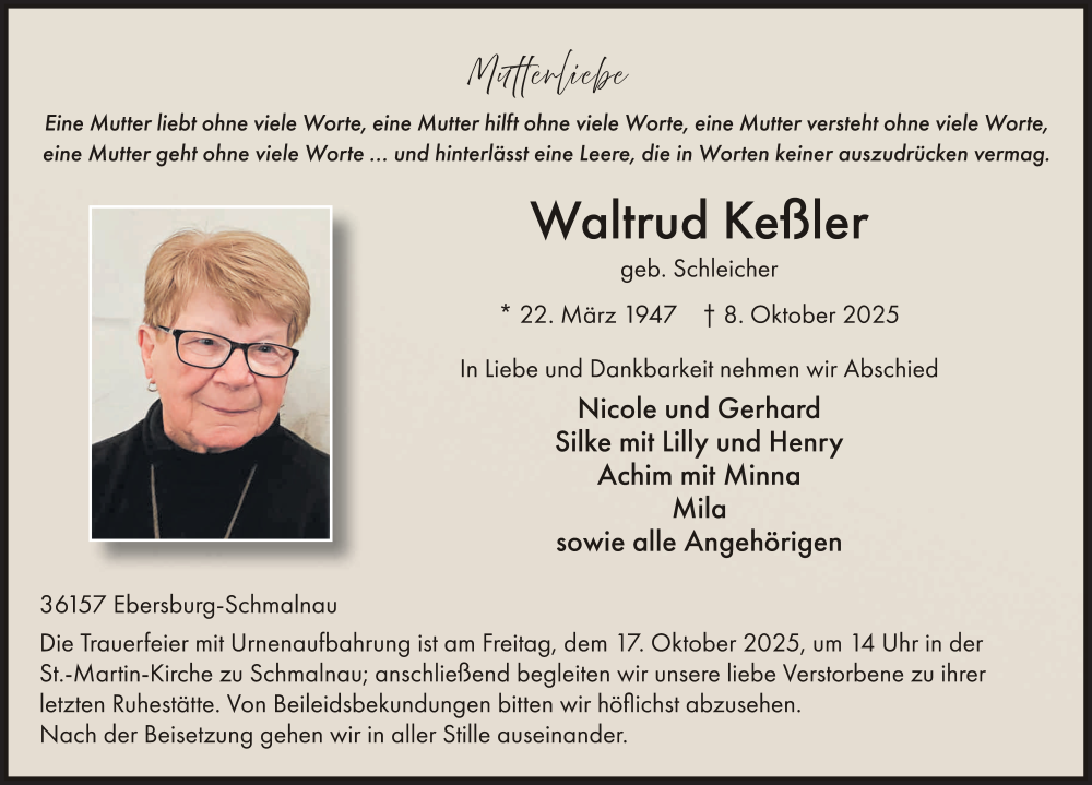  Traueranzeige für Waltrud Keßler vom 14.10.2025 aus FZ