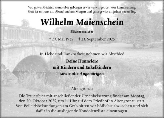 Traueranzeige von Wilhelm Maienschein von FZ