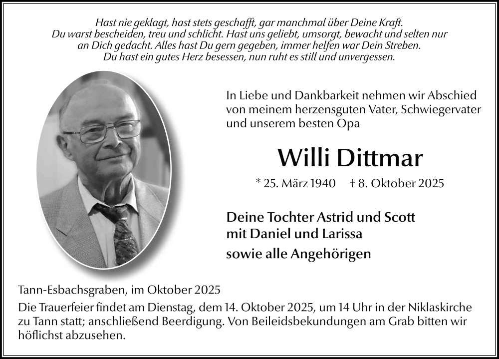  Traueranzeige für Willi Dittmar vom 11.10.2025 aus FZ