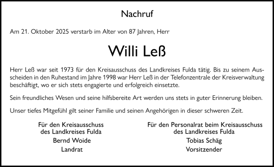 Traueranzeige von Willi Leß von FZ
