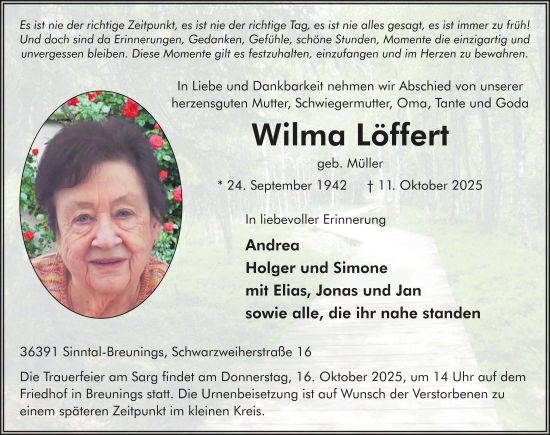 Traueranzeige von Wilma Löffert von FZ