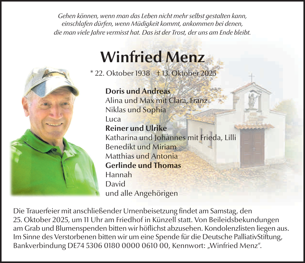  Traueranzeige für Winfried Menz vom 18.10.2025 aus FZ