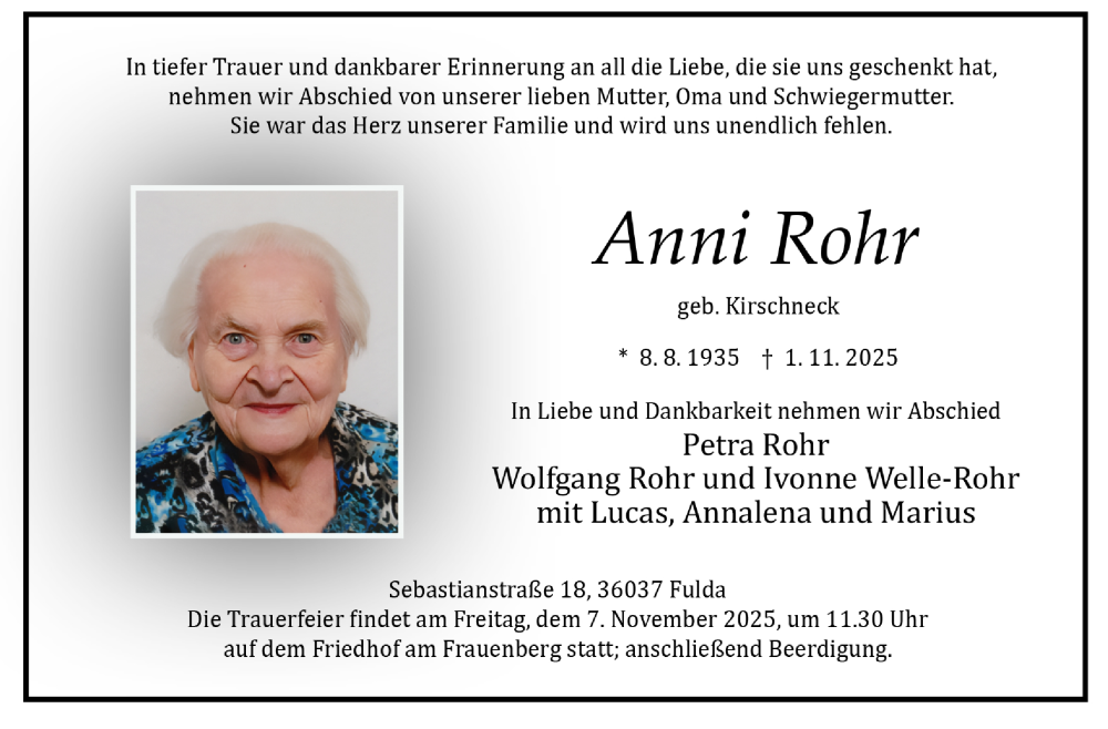  Traueranzeige für Anni Rohr vom 05.11.2025 aus FZ