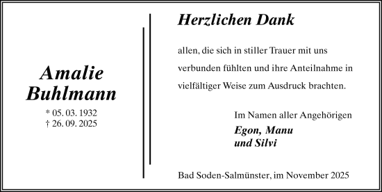 Traueranzeige von Amalie Buhlmann von FZ