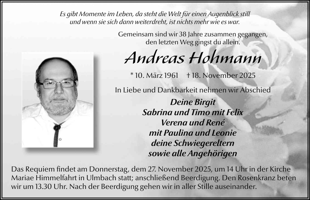  Traueranzeige für Andreas Hohmann vom 22.11.2025 aus FZ