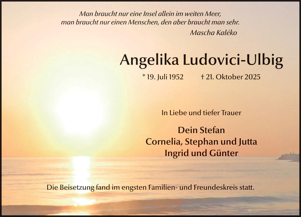  Traueranzeige für Angelika Ludovici-Ulbig vom 08.11.2025 aus FZ