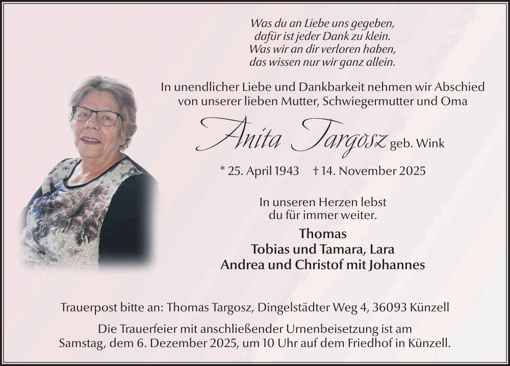  Traueranzeige für Anita Targosz vom 22.11.2025 aus FZ