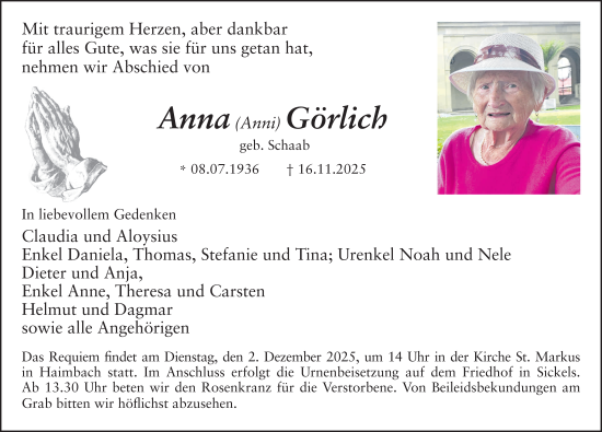Traueranzeige von Anna Görlich von FZ