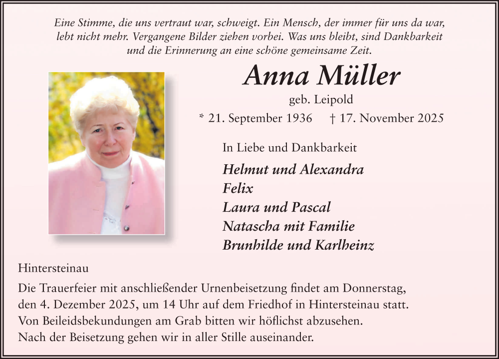  Traueranzeige für Anna Müller vom 29.11.2025 aus FZ