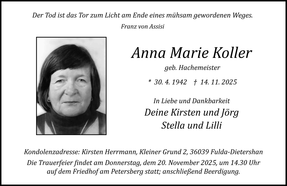  Traueranzeige für Anna Marie Koller vom 18.11.2025 aus FZ