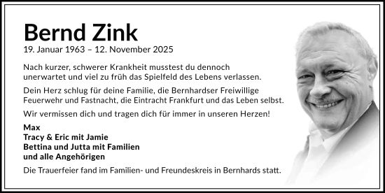 Traueranzeige von Bernd Zink von FZ