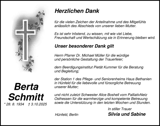 Traueranzeige von Berta Schmitt von FZ