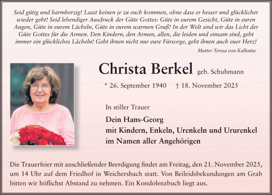 Traueranzeige von Christa Berkel von FZ