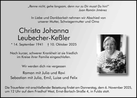 Traueranzeige von Christa Johanna Leubecher-Keßler von FZ