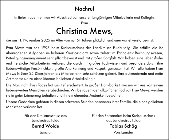 Traueranzeige von Christina Mews von FZ
