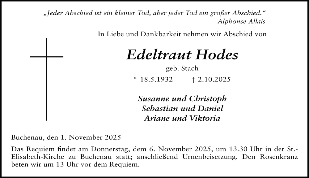  Traueranzeige für Edeltraud Hodes vom 01.11.2025 aus FZ