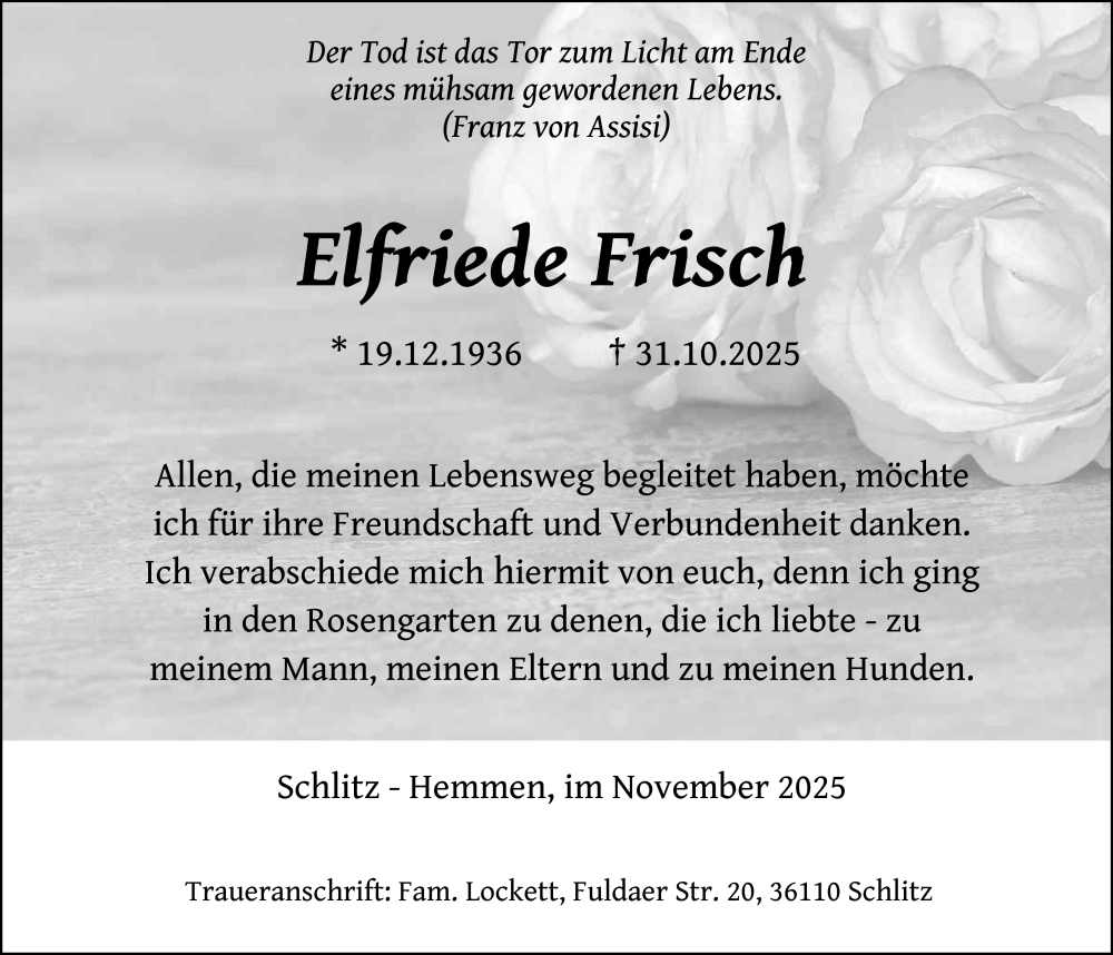  Traueranzeige für Elfriede Frisch vom 22.11.2025 aus FZ